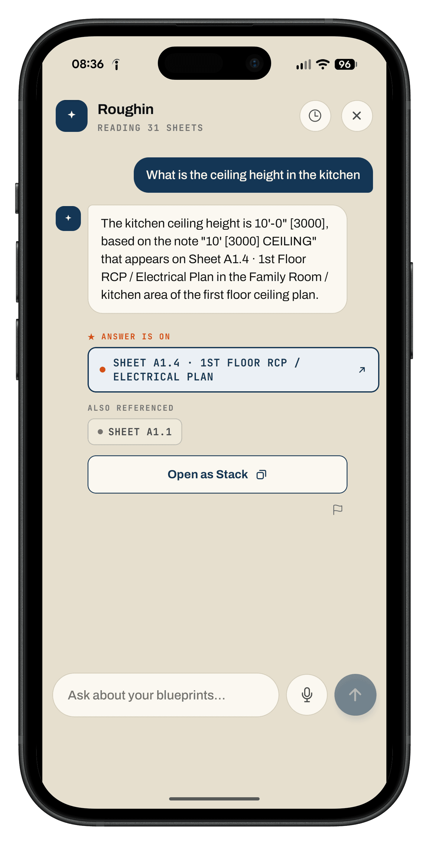 Roughin Ask AI screen: the question “What is the ceiling height in the kitchen”, the answer, and an “Answer is on Sheet A1.4” citation chip