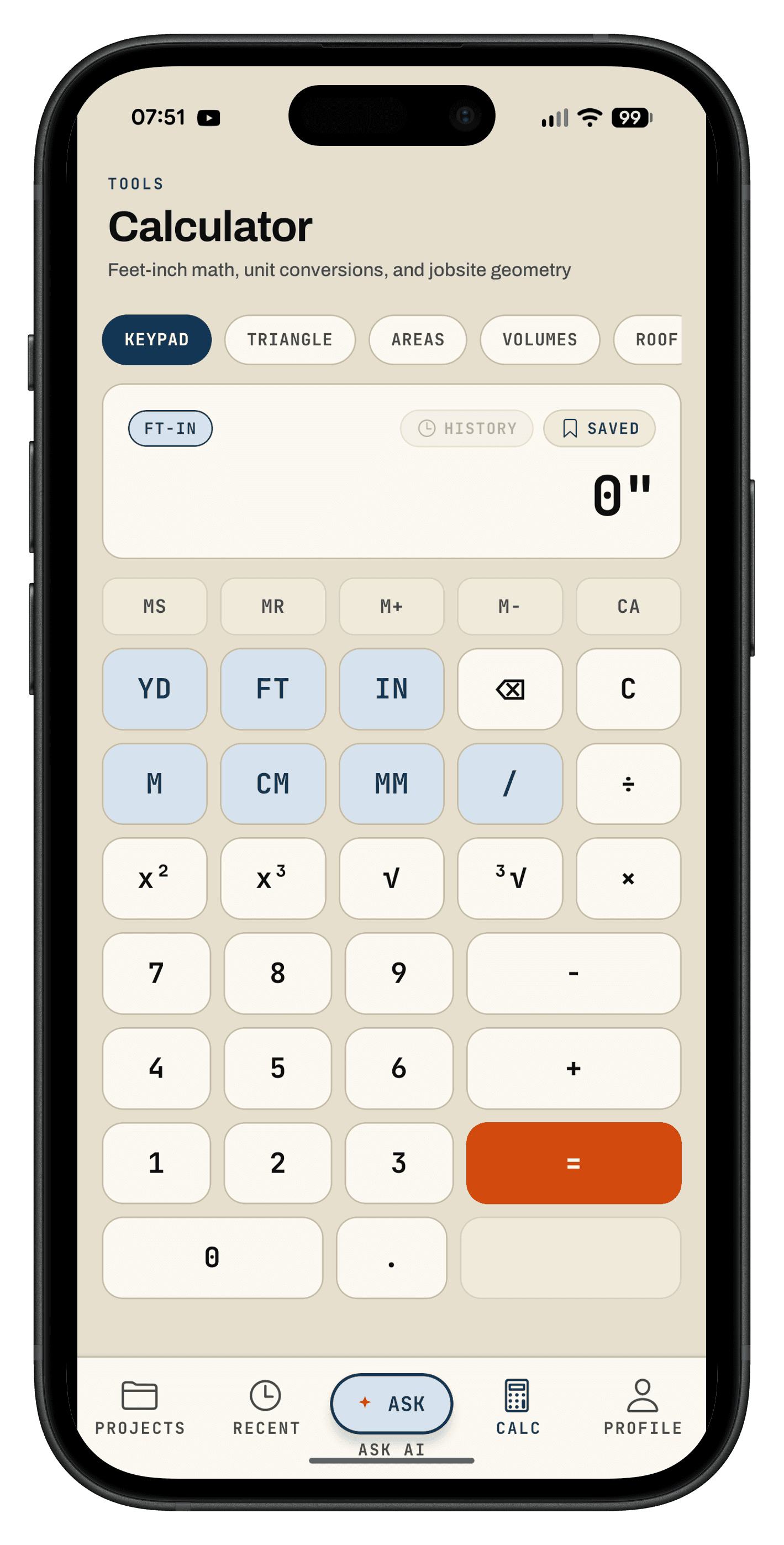 Roughin Calculator screen: a construction keypad with YD, FT, IN, M, CM and MM unit keys and solver tabs for triangle, areas, volumes and roof