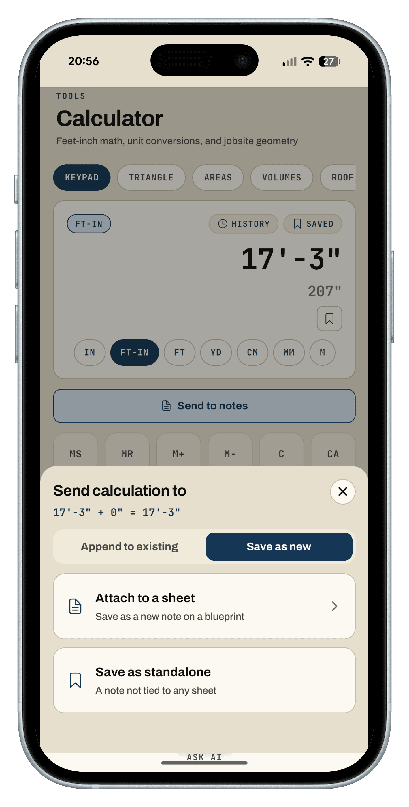 Math that lands on the drawing. Run the number on the keypad, then pin it to the sheet as a note. It’s there the next time you open the page.