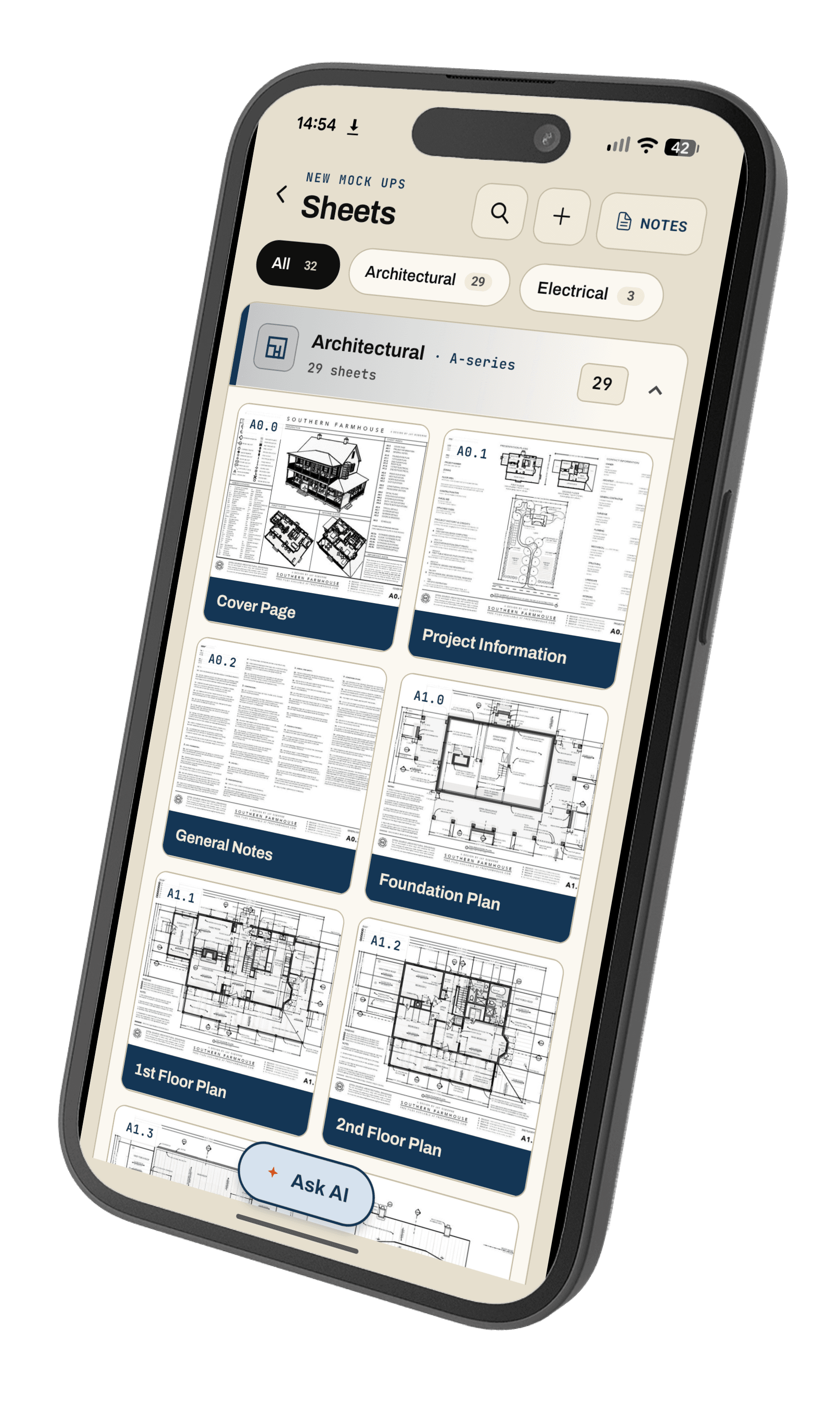 Roughin Sheets screen: an architectural set sorted by trade, with real page thumbnails for the cover page, project information, foundation plan and floor plans