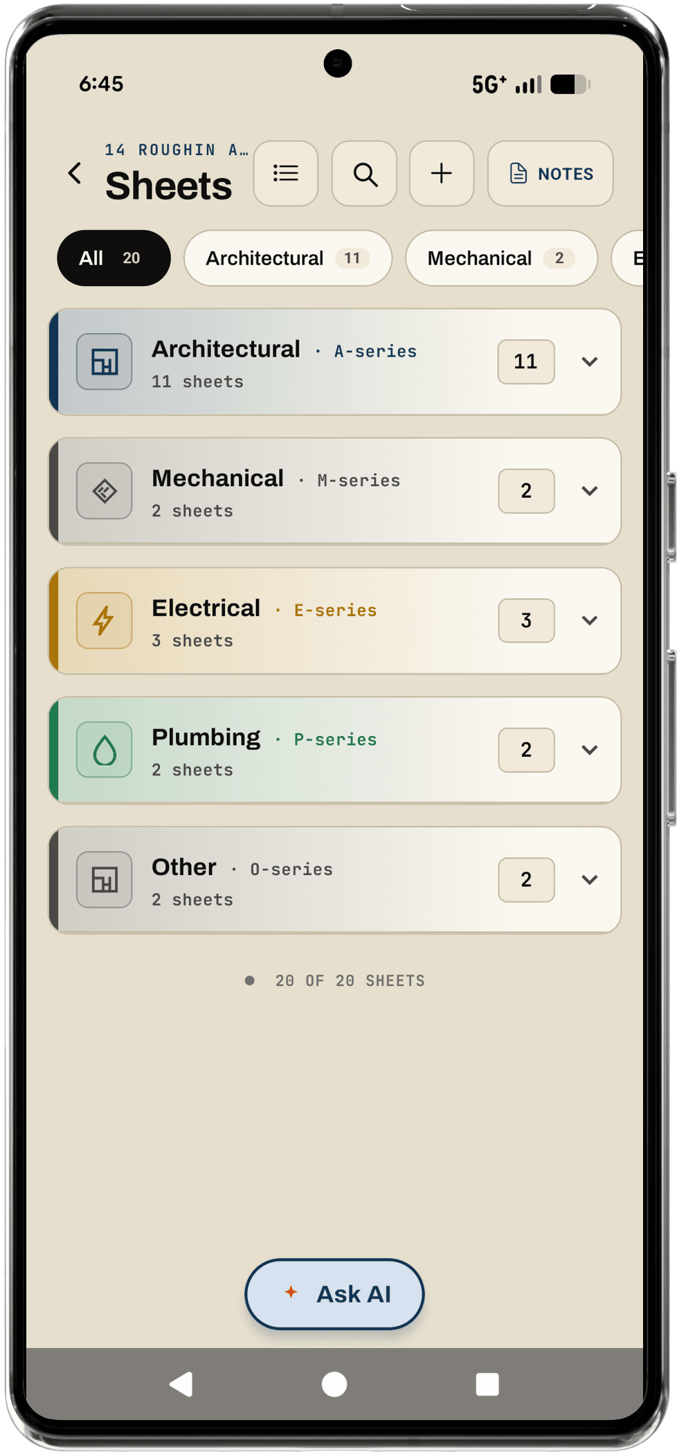 Roughin Sheets screen: a 20-sheet set filed into Architectural, Mechanical, Electrical, Plumbing and Other, with a count on each group